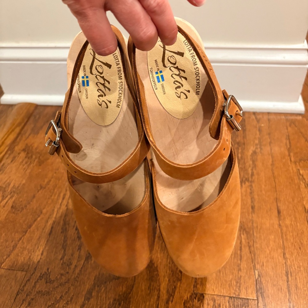 Lotta from Stockholm Swedish Low Wood Clog Sandals Tan Leather Heels Size 40 - Picture 10 of 11